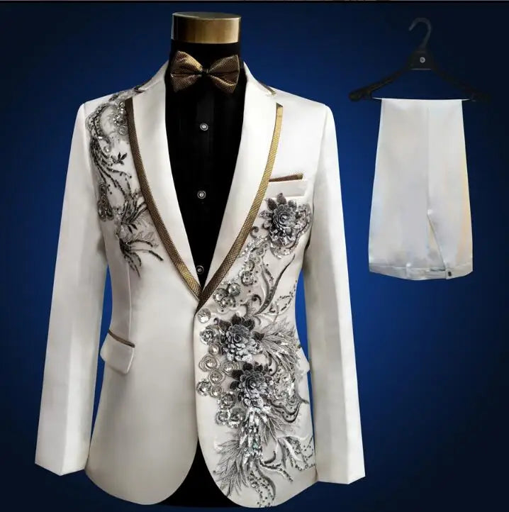 Sequins Men Suit Stage Singers Performance Embroidery Host Formal Wear Emcee Spring Shiny